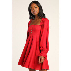 Lulus Make The Call Red Button-Up Long Sleeve Square Neck w Pockets Mini Dress S